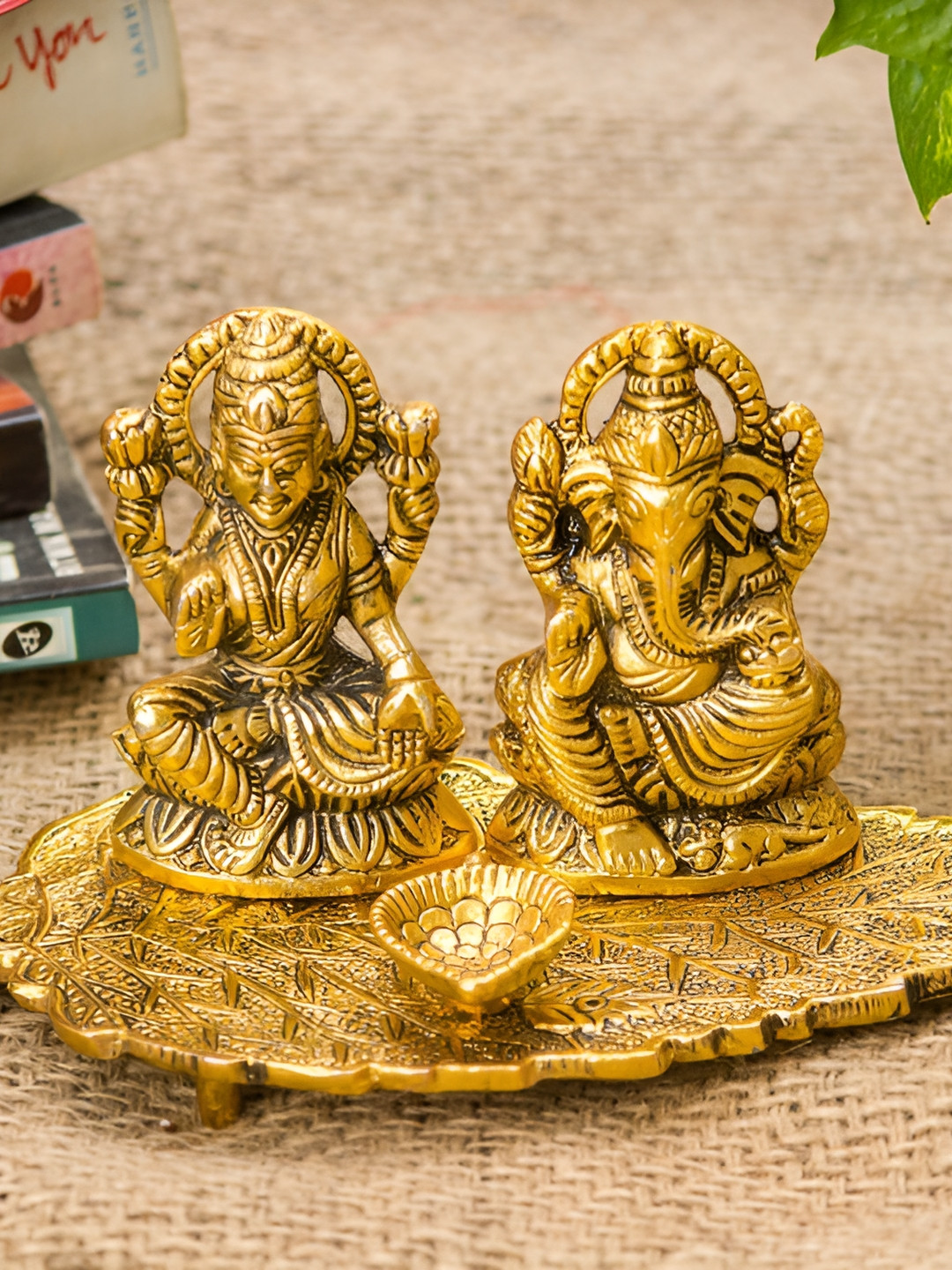 Navyaksh Ganesh Laxmi Diya Gold Metal Metallic Living Room Small Showpiece -