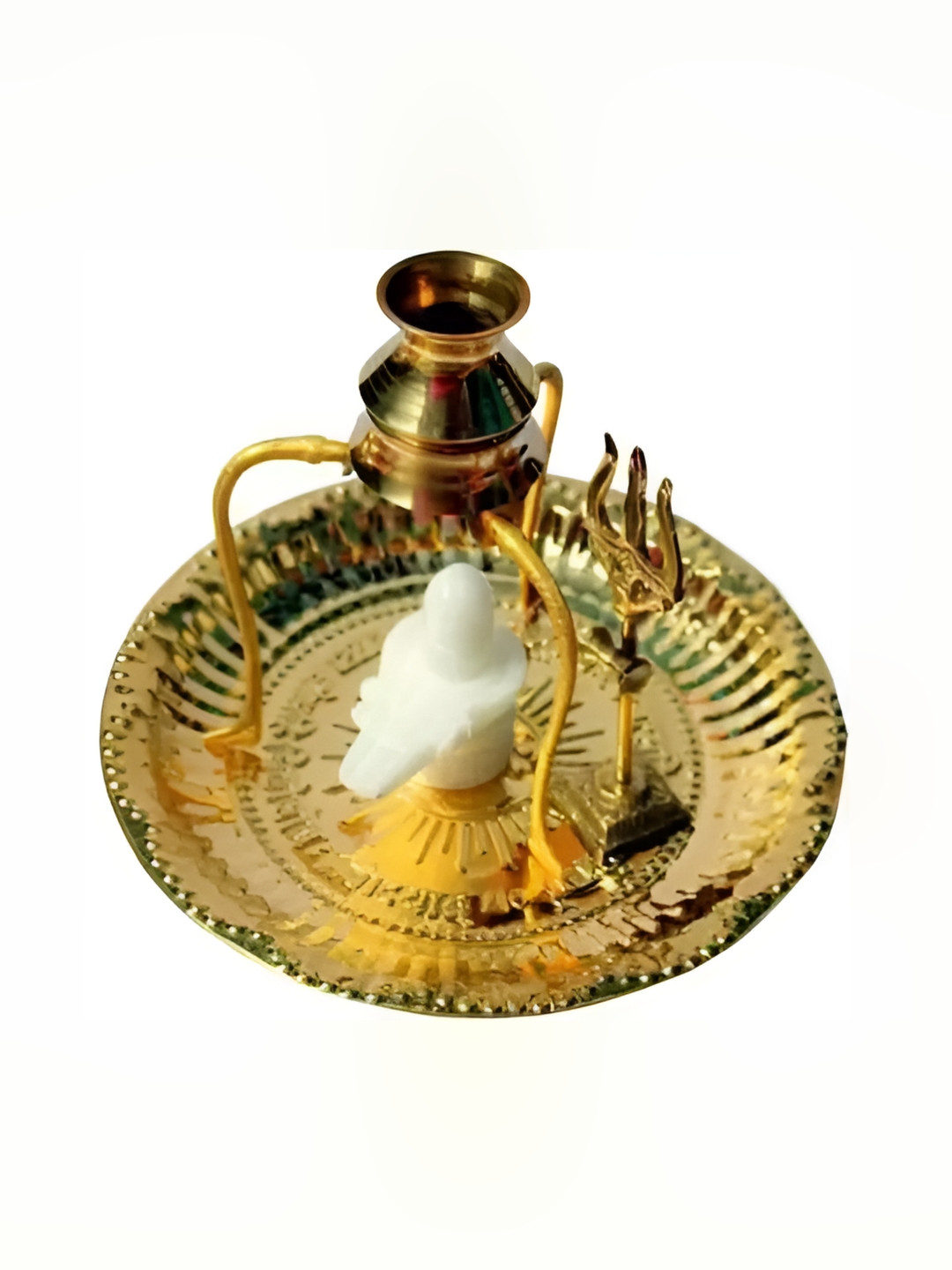 Navyaksh Shilvling, Plate, Tipahee Loti and Trishul Gold Brass Metallic Prayer Room Set of 5 Medium Showpieces -