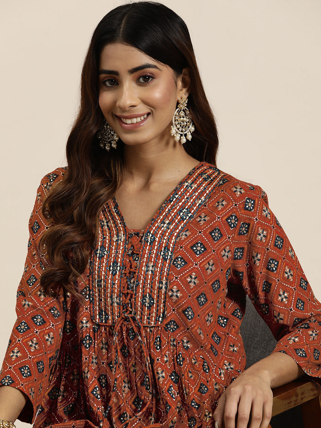 HERE&NOW Women Embroidered Tunic with Trousers