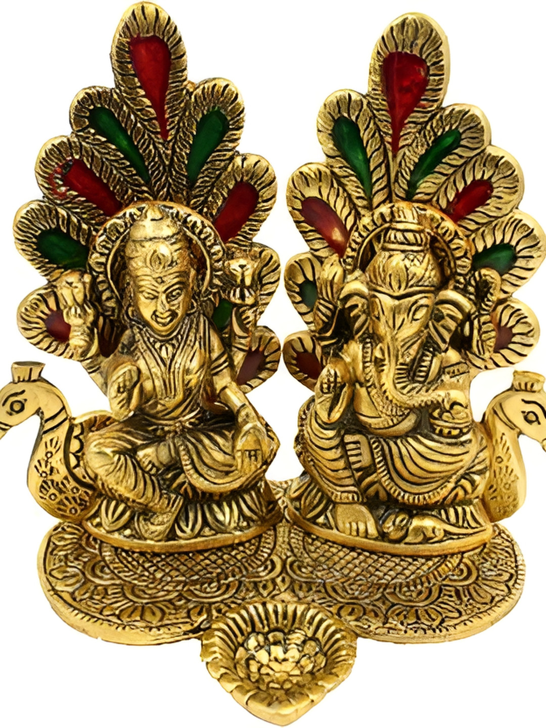 Navyaksh Lakshmi Ganesh Murti Peacock Gold Metal Metallic Prayer Room Tiny Showpiece -