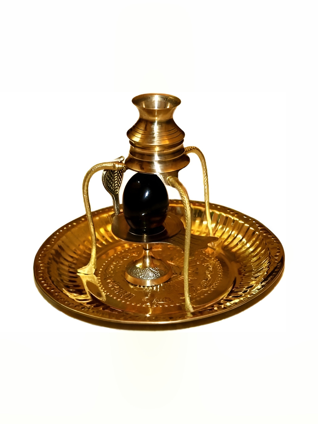 Navyaksh Pathar Black Tipahee Brass Shivling Plate Set Gold Brass Metallic Prayer Room Set of 5 Tiny Showpieces -