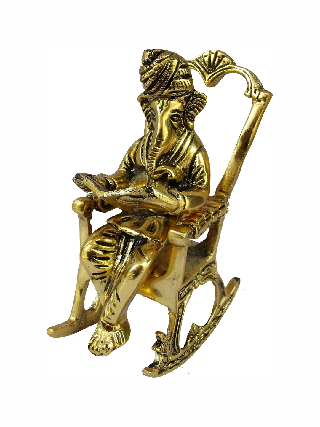 Navyaksh Ganesh Ji Sitting on Chair Gold Brass Metallic Prayer Room Medium Showpiece -