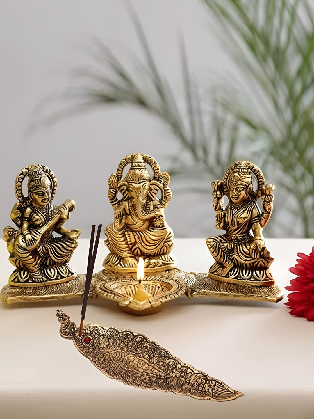 Navyaksh Gold Aluminium Metallic Prayer Room Set of 2 Tiny Showpieces -