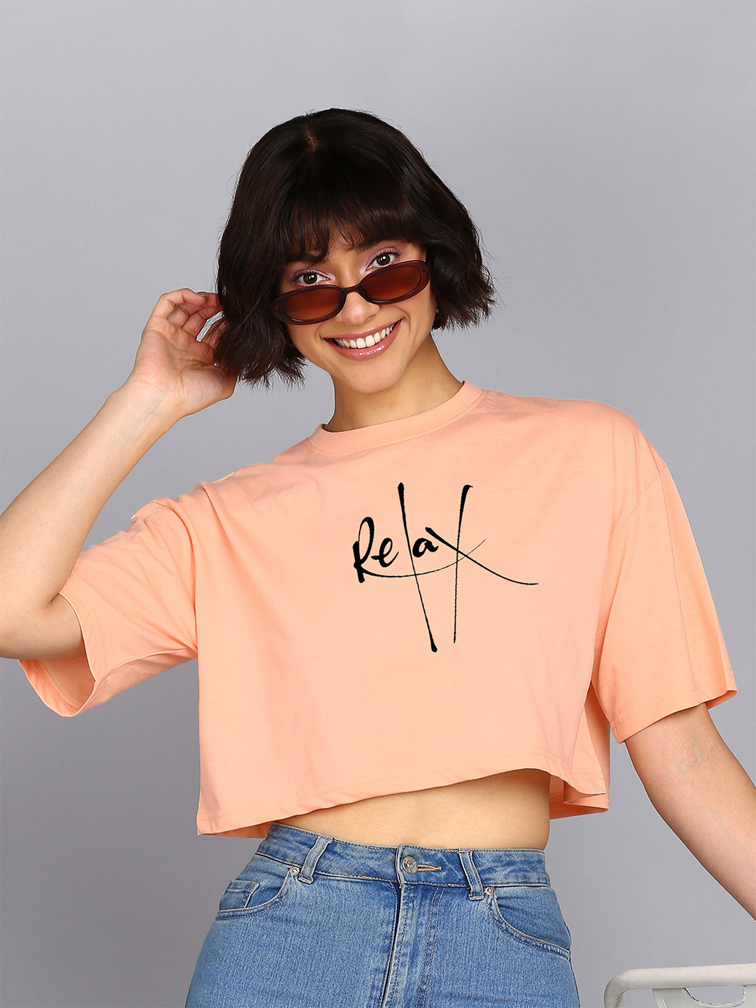 Adyavastram Typography Printed Drop-Shoulder Sleeves Cotton Oversized Crop T-shirt