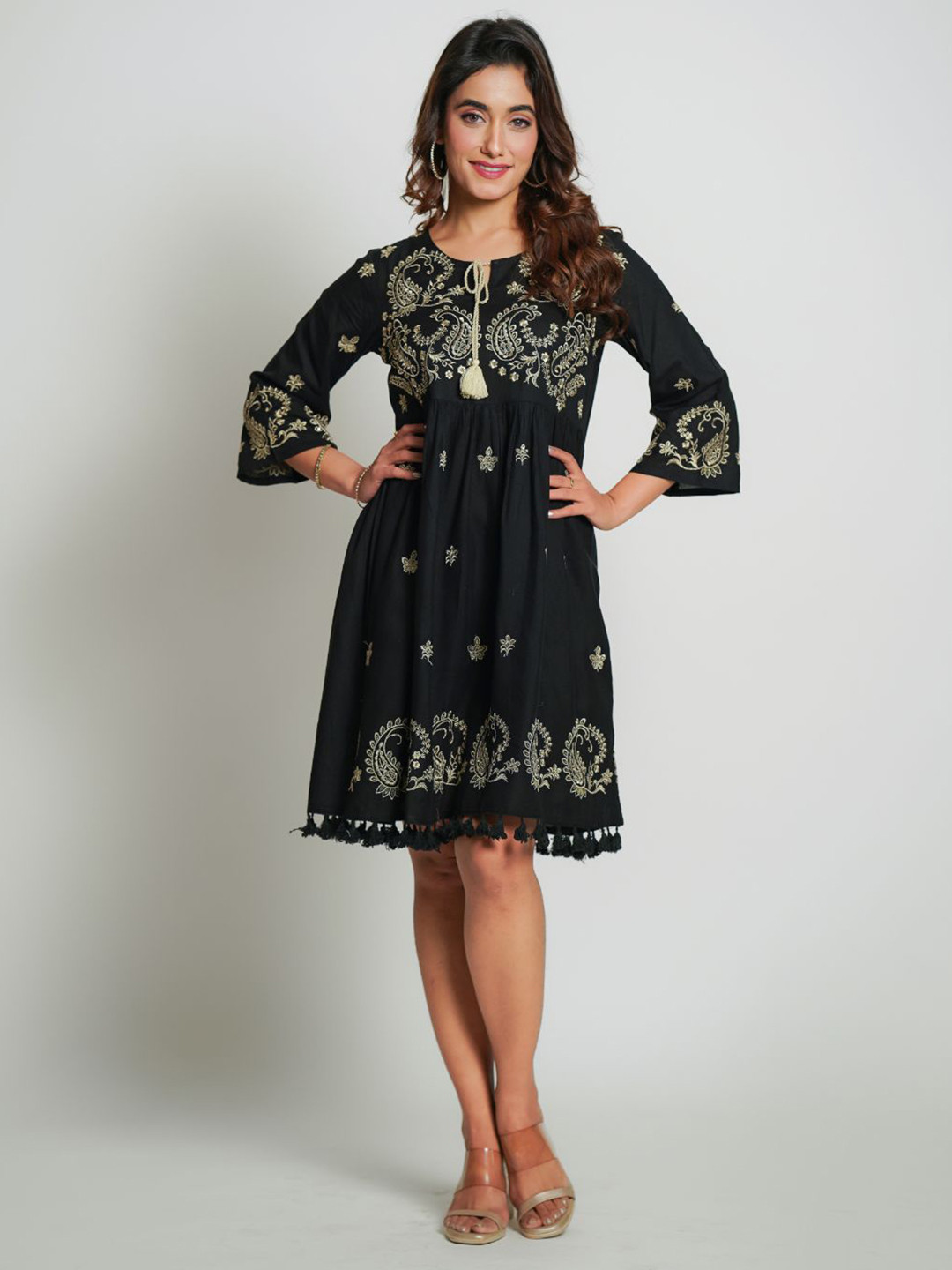 Zolo Label Black Ethnic Motifs Printed Tie-Up Neck Cotton Fit & Flare Ethnic Dress