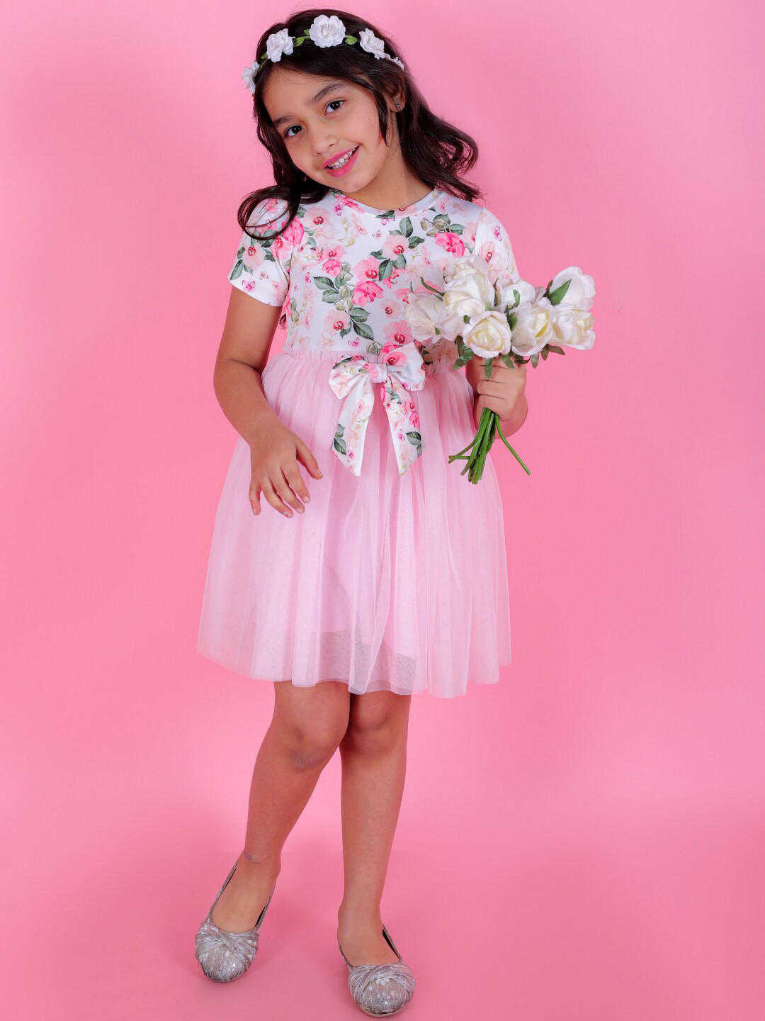 KidsDew Girls Floral Printed Round Neck Bow Detailed Net Fit & Flare Dress