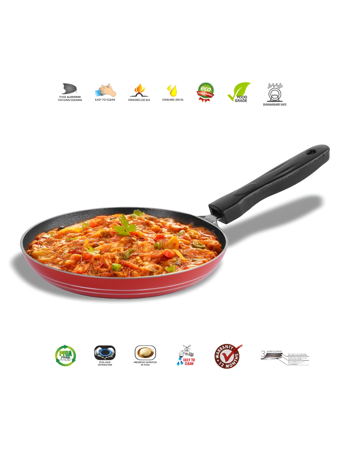 Sumeet Red Aluminium Dishwasher Safe Frying Pan