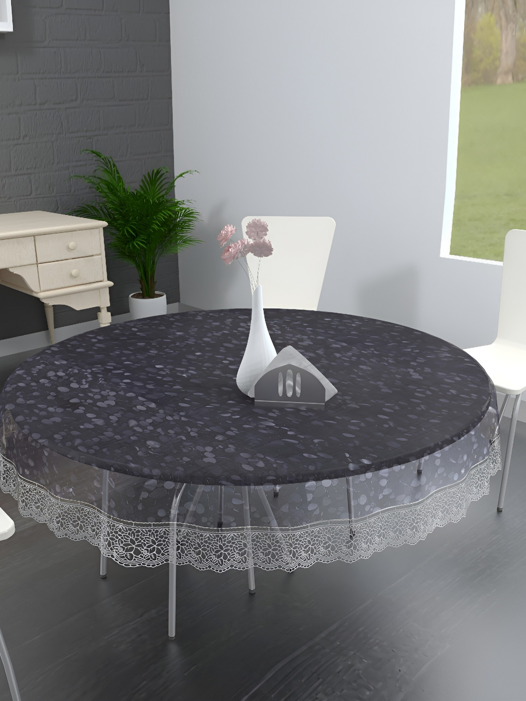 MONKDECOR Transparent Geometric Printed 6 Seater Round Waterproof Table Cover