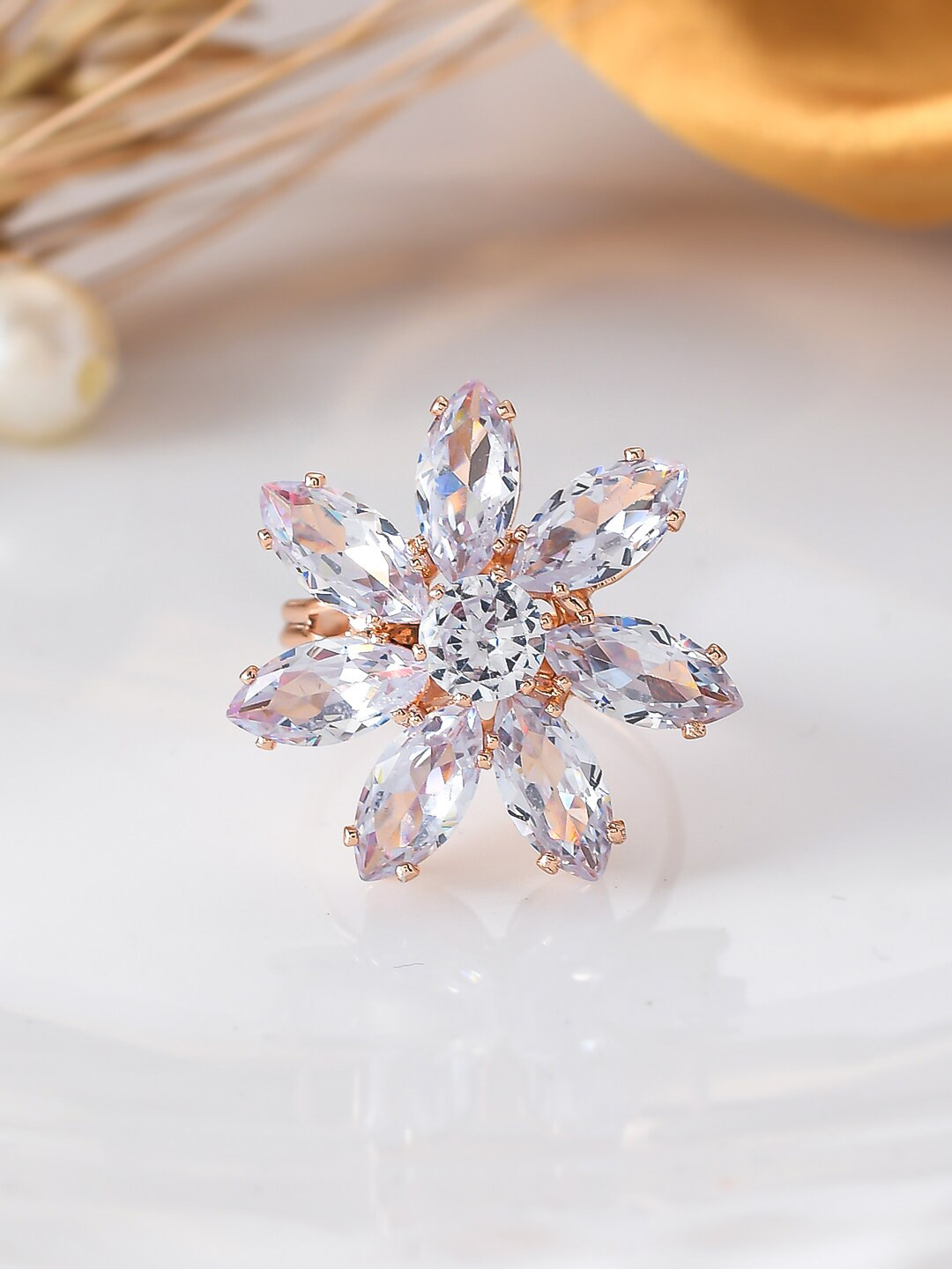 Silvermerc Designs Rose Gold-Plated American Diamond Studded Adjustable Finger Ring