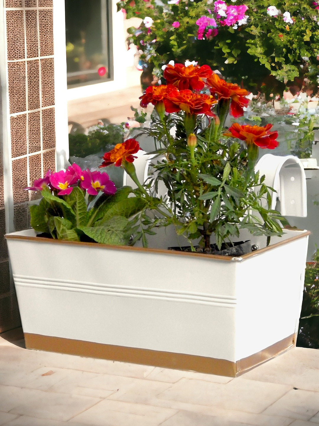 ecofynd  White & Brown 3Pcs Metal Oval Balcony Hanging Planters