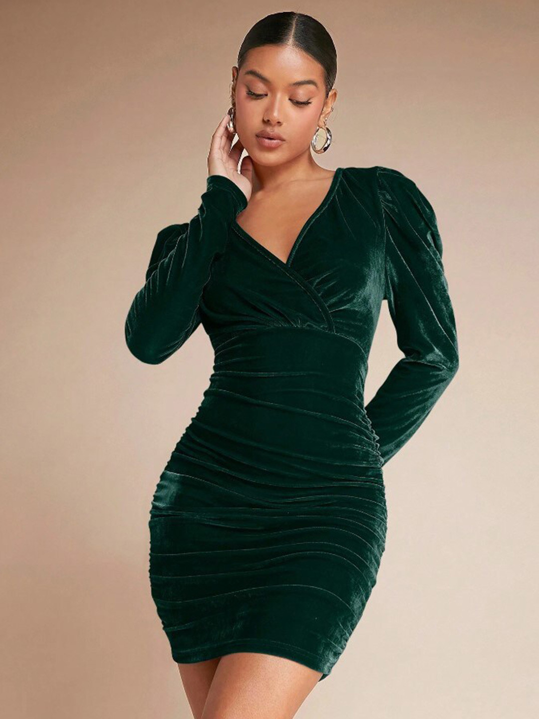 ELYRAA V-Neck Puff Sleeves Velvet Bodycon Mini Dress