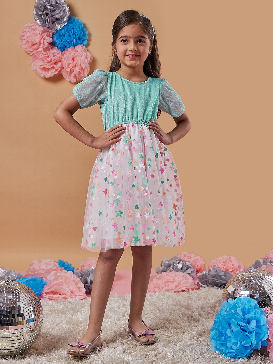 pspeaches Girls Polka Dot Printed Net A-Line Dress