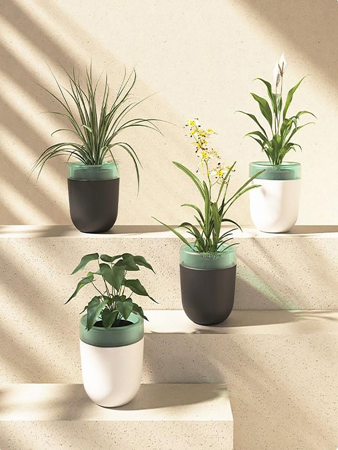 Kuber Industries Black & white 4 Pcs Self Watering Flower Pot Planters For Indoor