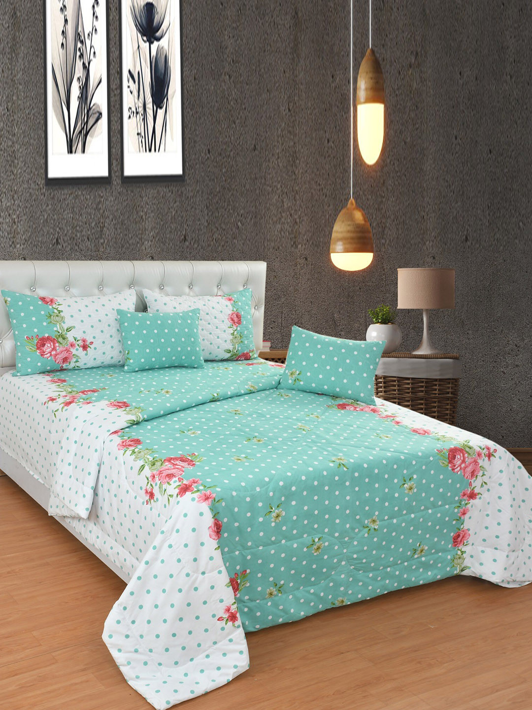 Nivasam Turquoise Blue Cotton 6 Pieces Floral Double King Superfine Bedding Set