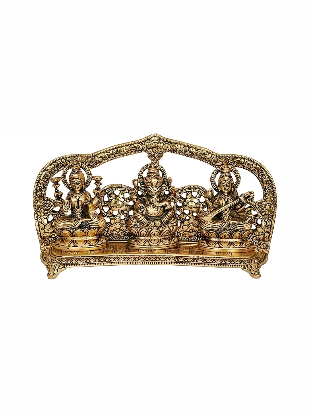 Navyaksh Laxmi Ganesh Saraswati in Temple Gold Metal Metallic Prayer Room Medium Showpiece - 4.7 Inches