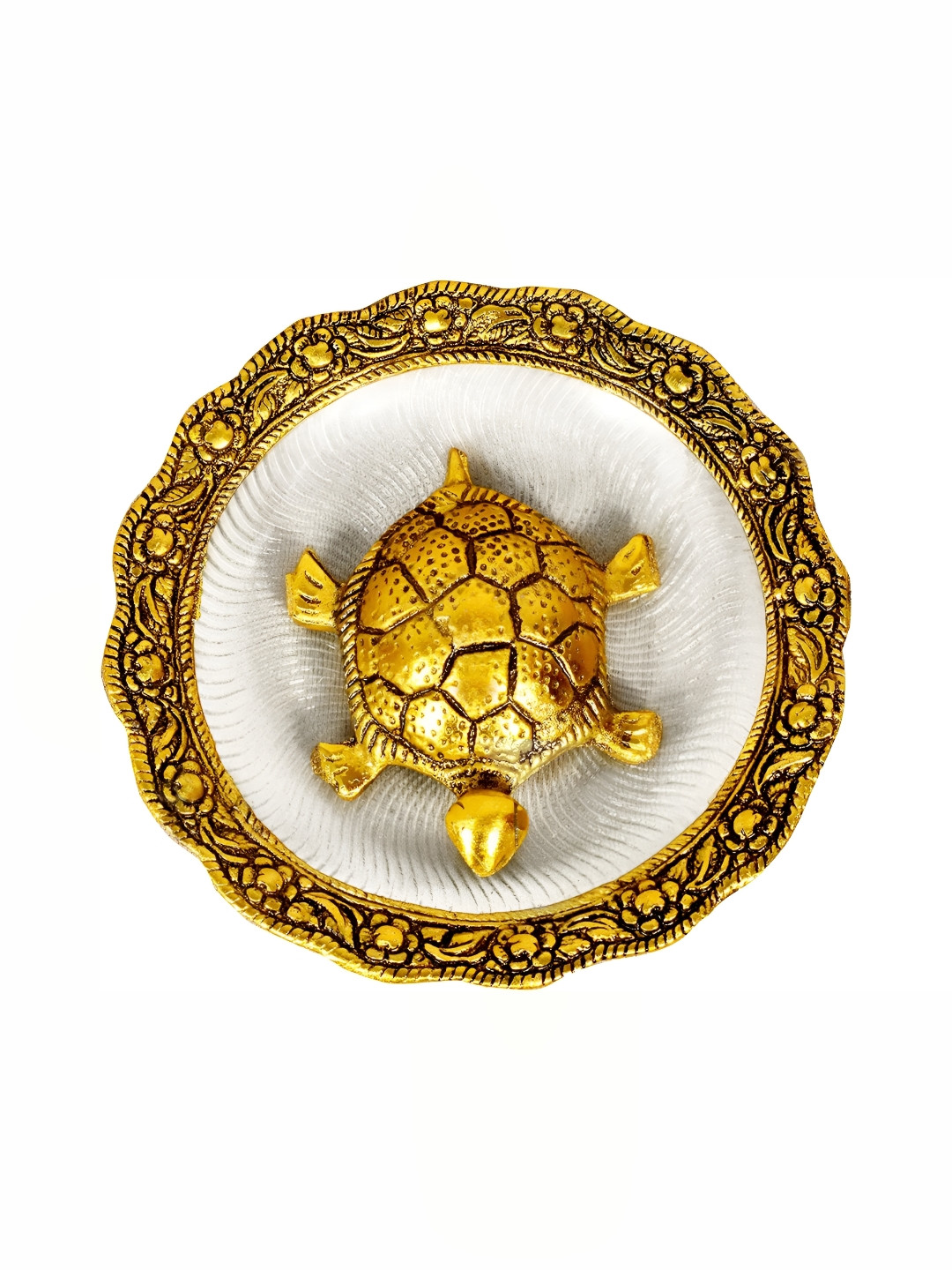 Navyaksh Turtle Plate White Brass Metallic Living Room Set of 2 Small Showpieces -