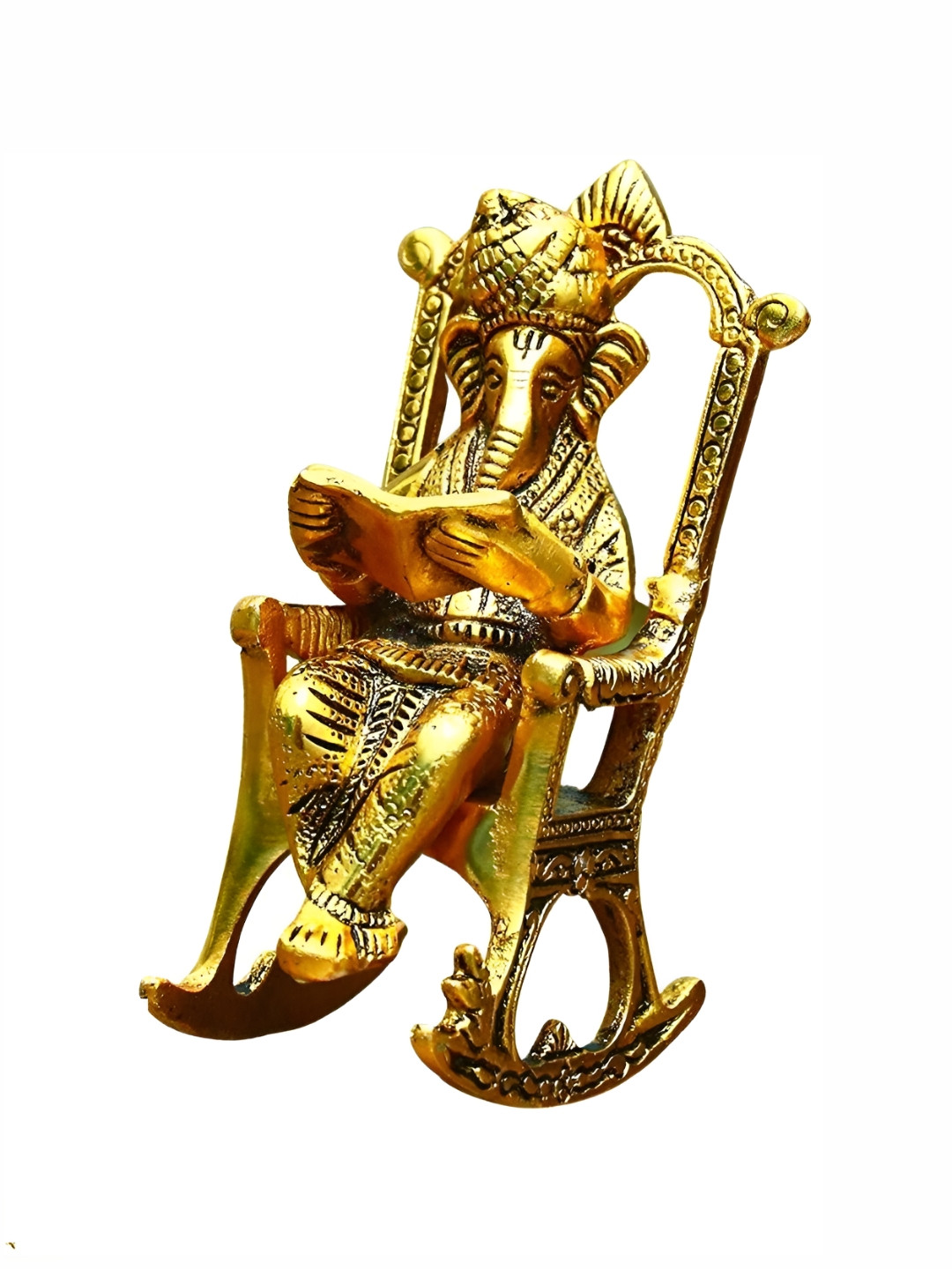 Navyaksh Ganesh Ji Sitting On Chair Gold Metal Metallic Living Room Small Showpiece -