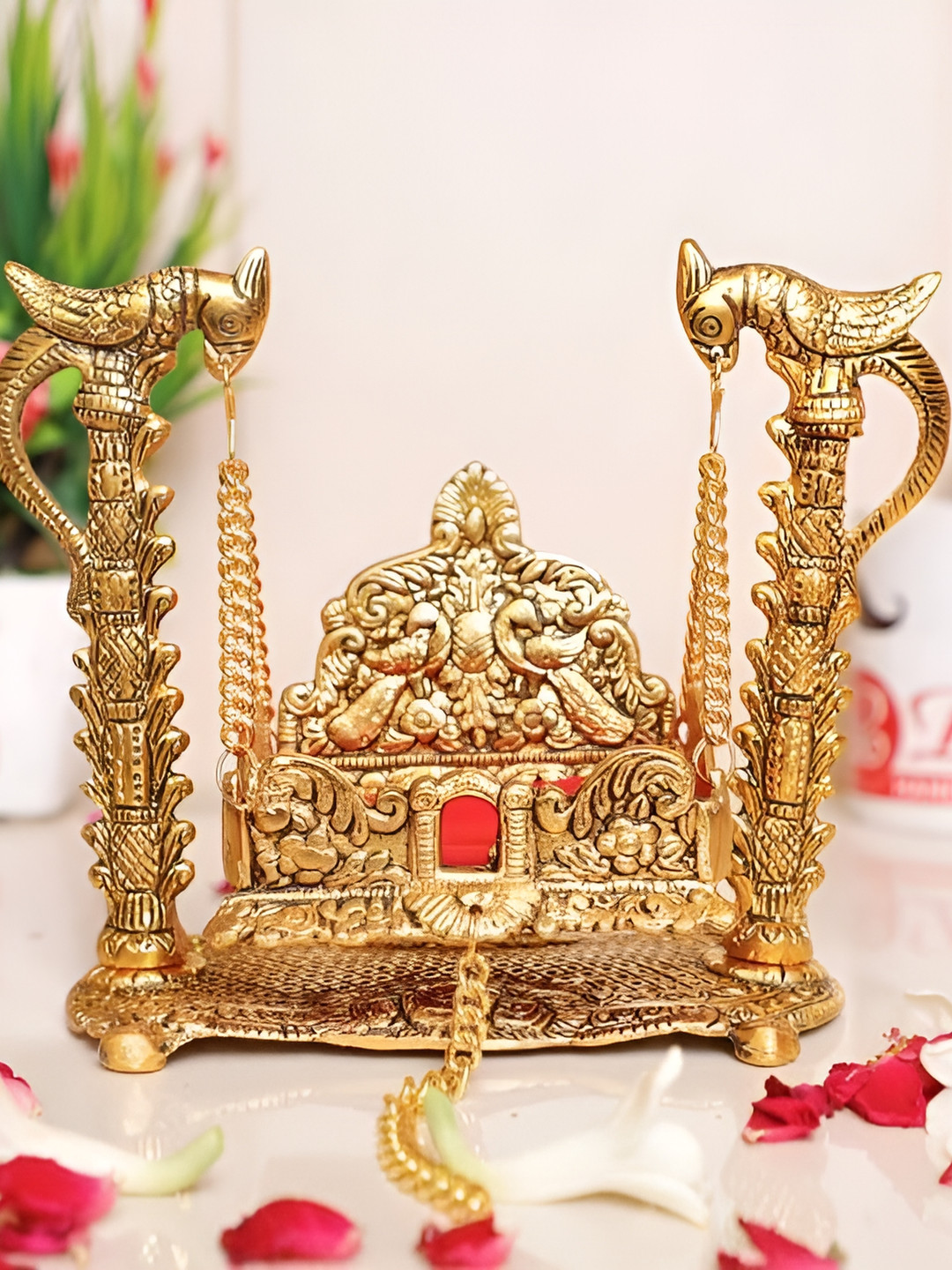 Navyaksh Jhula Tota Gold Metal Metallic Prayer Room Medium Showpiece -