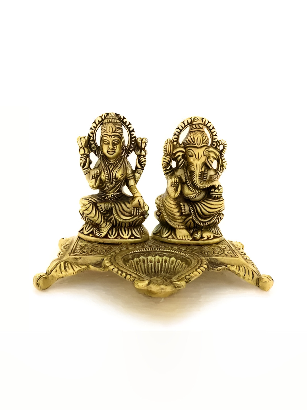Navyaksh Ganesh Laxmi with Diya Gold Metal Metallic Prayer Room Medium Showpiece -