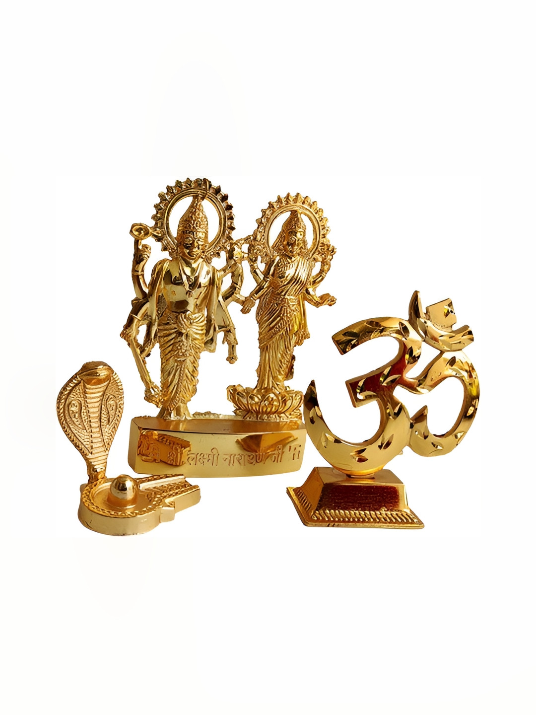 Navyaksh Laxminarayan Om Naag Gold Brass Metallic Prayer Room Set of 3 Tiny Showpieces -