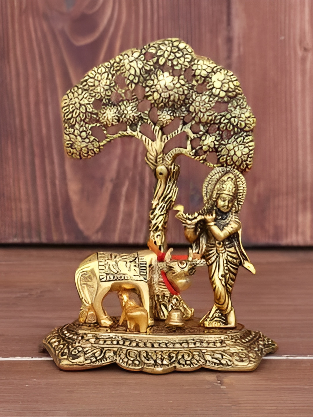 Navyaksh Cow and Kishan Gold Metal Metallic Prayer Room Small Showpiece -