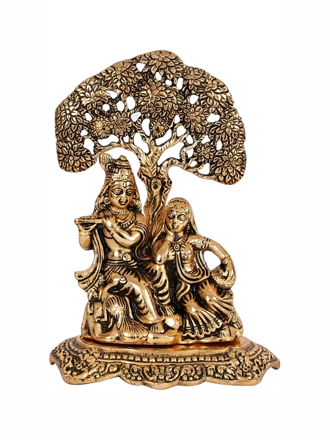 Navyaksh Radha Krishna Under Tree Gold Brass Metallic Prayer Room Small Showpiece -