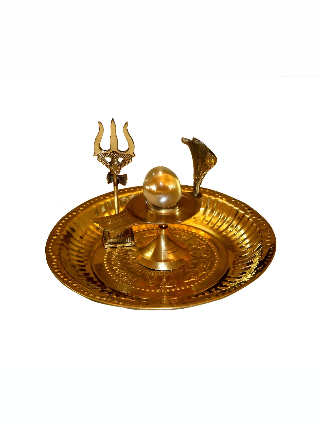 Navyaksh Plate Jalheri Crystal Pindi Trishul Gold Brass Metallic Living Room Set of 4 Tiny Showpieces -