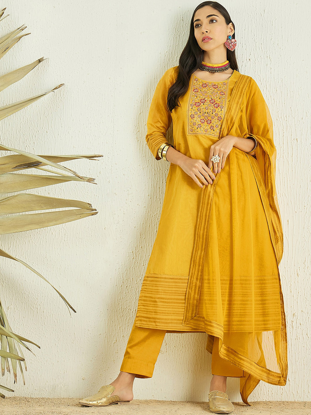 Inddus Yoke Design A-Line Thread Work Chanderi Cotton Kurta with Trousers & Dupatta