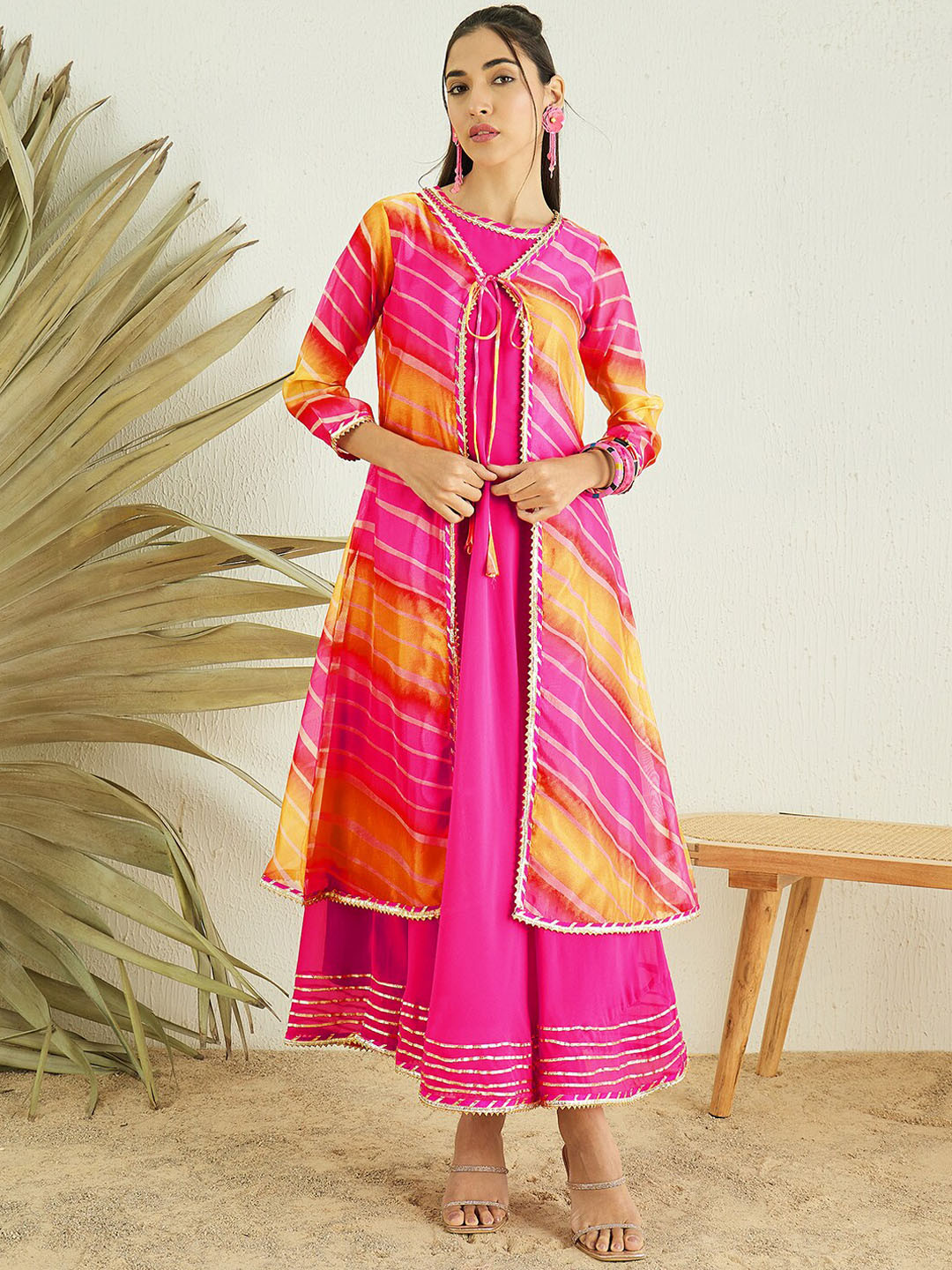 Inddus Pink Fit & Flare Midi Ethnic Dress With Jacket