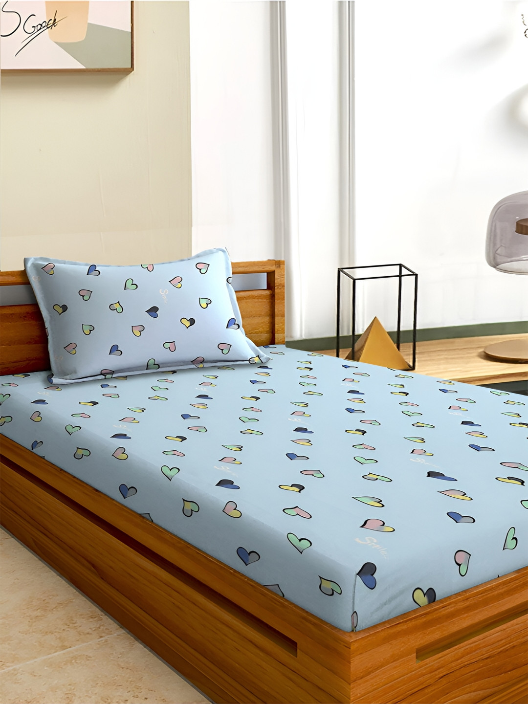 Aura Blue Conversational Microfiber 180 TC Single Fine Bedsheet with a Pillow Cover-88 x 60 inches