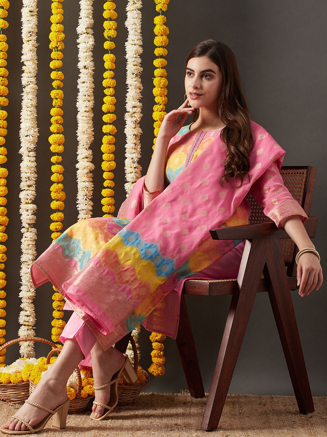 KAVINDI Ethnic Motifs Woven Design Chanderi Cotton Kurta With Trousers & Dupatta