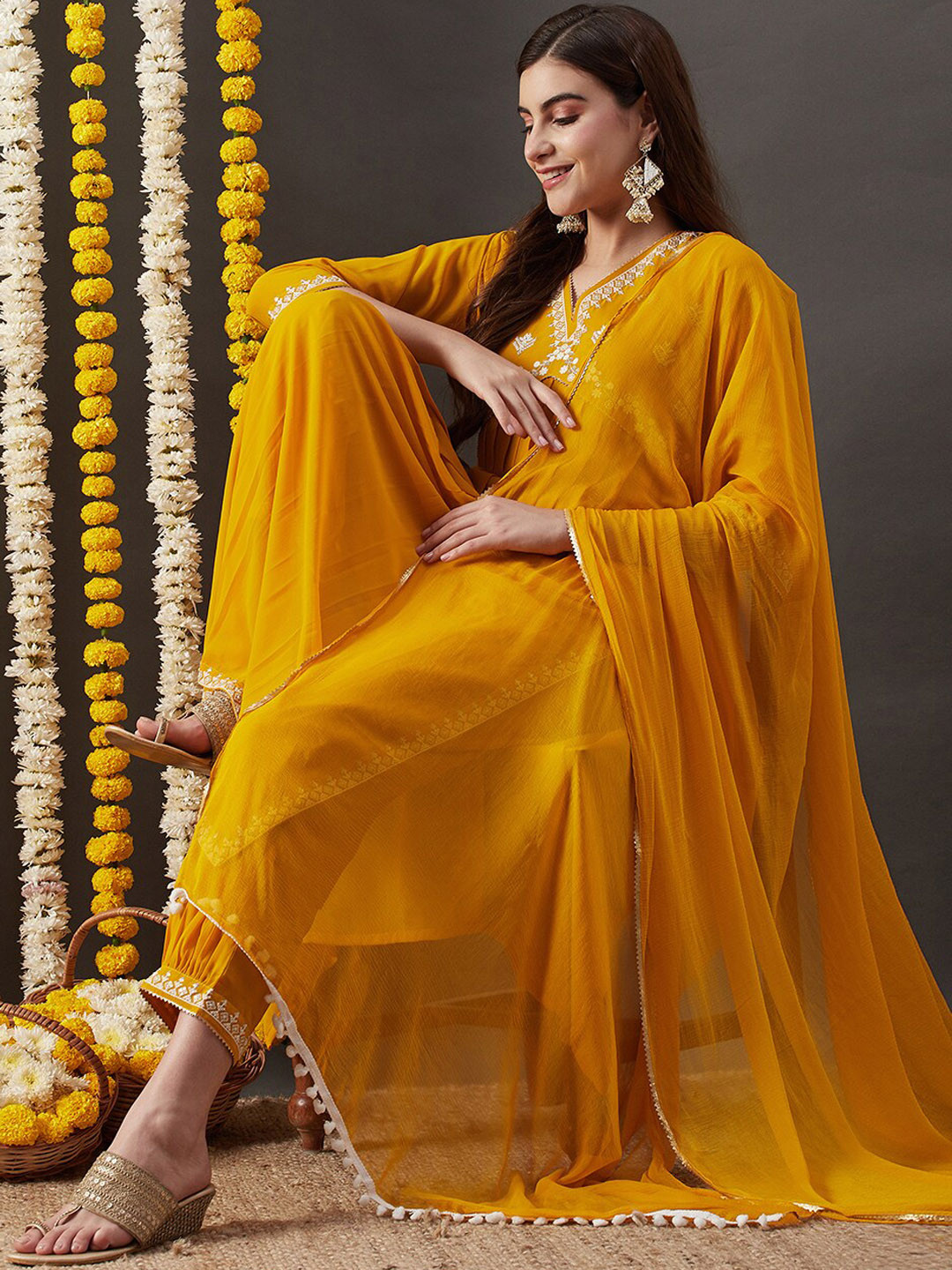 KAVINDI Alia Cut Floral Embroidered Thread Work Kurta With Salwar & Dupatta