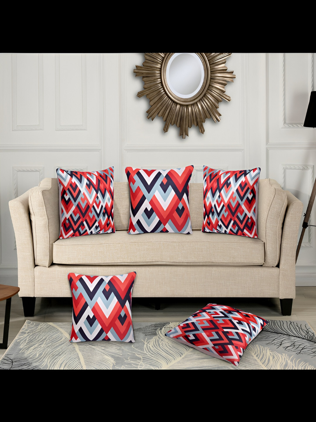 HOME9INE Orange & White 5 Pieces Geometric Printed Square Cushion Covers