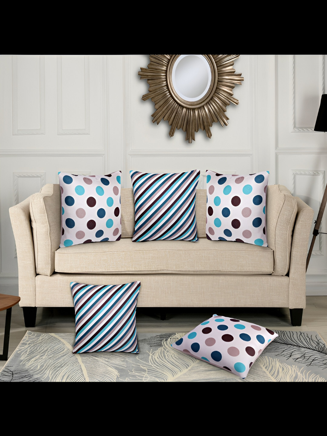HOME9INE Teal Polka Dots Polyester HD Digital 5 Pcs Square Cushion Covers - 16 x 16 Inches