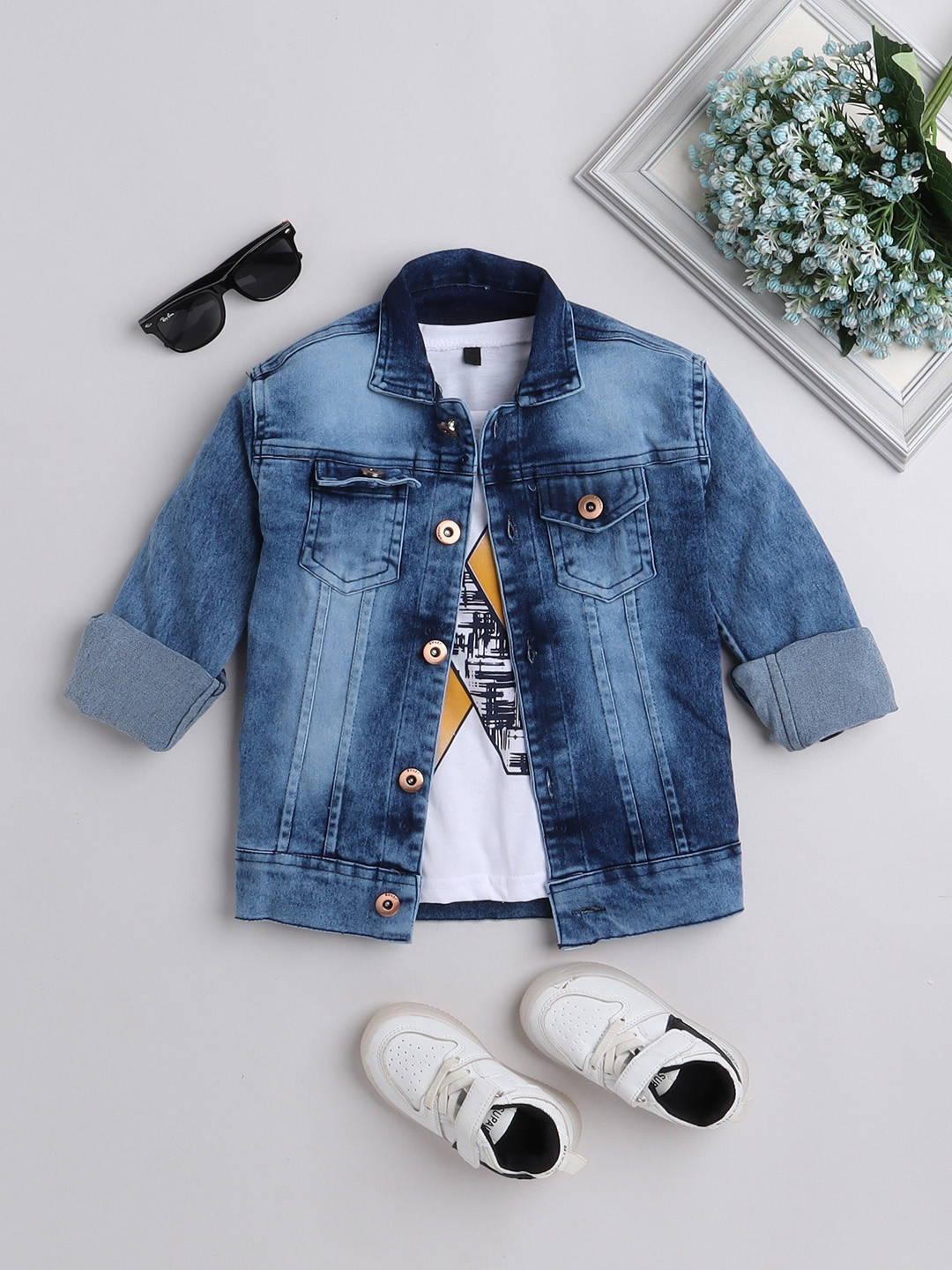 Ministitch Boys Washed Denim Jacket With T-shirt