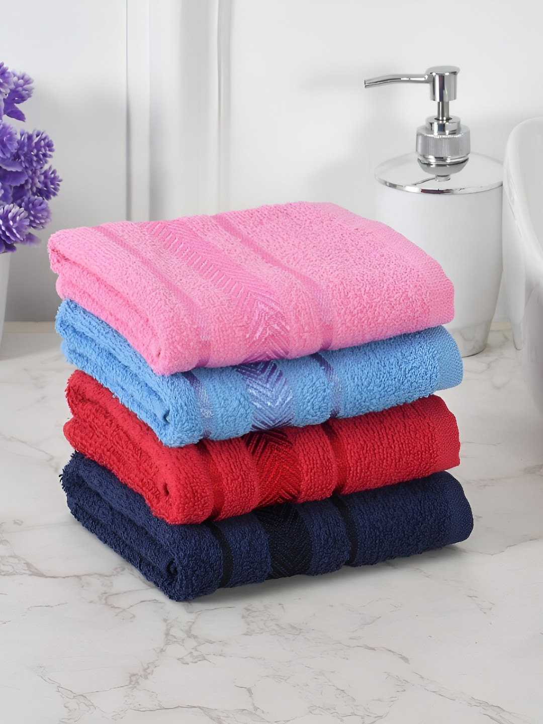 Cotton Bolls Textiles Pink & Blue 4Pcs Striped Pure Cotton 400 GSM Hand Towels