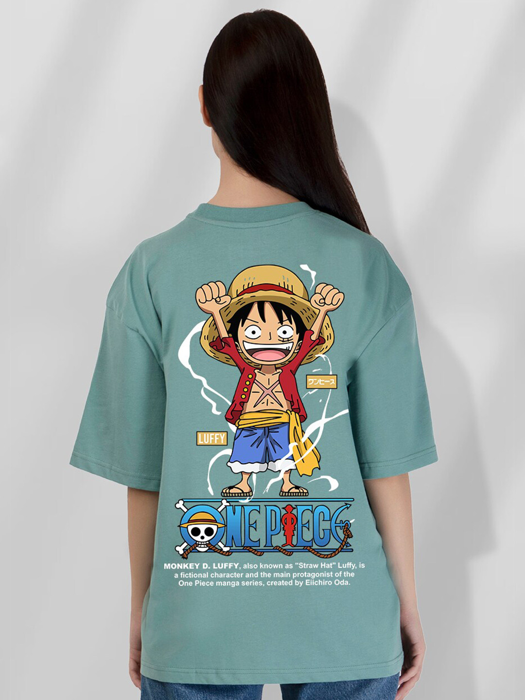 PRONK Luffy One Piece Printed Drop Shoulder Sleeves Pure Cotton Oversized T-shirt