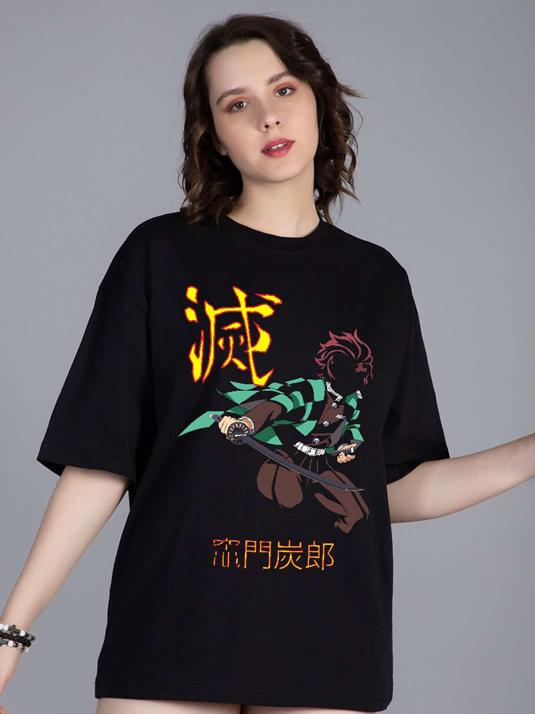 PRONK Demon Tanjiro Anime Printed Drop Shoulder Sleeves Pure Cotton Oversized T-shirt