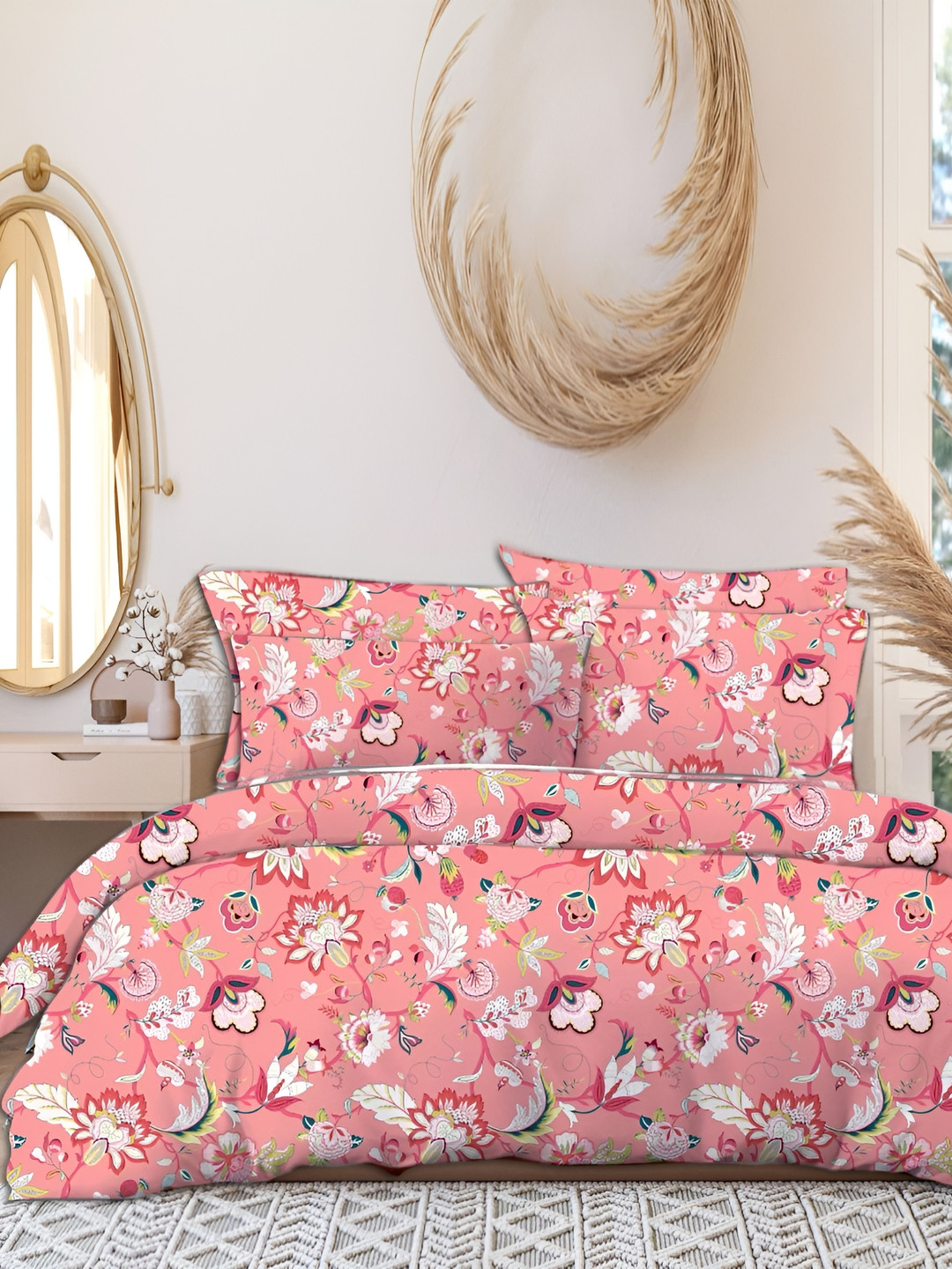 Innovative Edge Pink Floral Microfiber 144 TC Fitted King Bedsheet with 2 Pillow Covers-90 x 100 inches