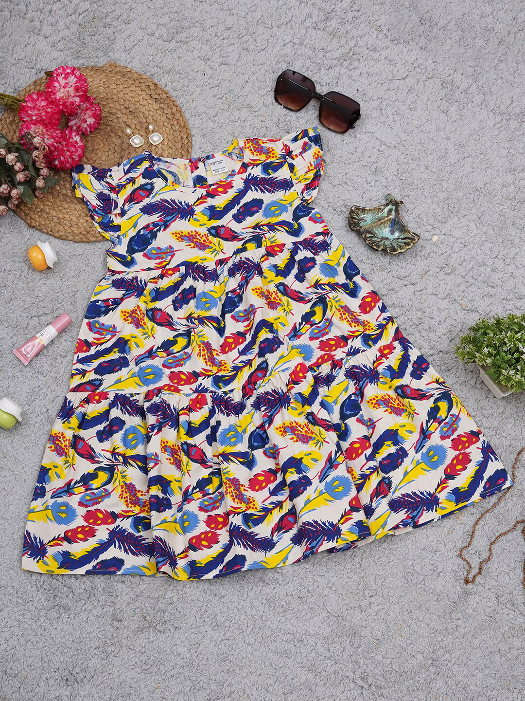 Creative Kids Girls Graphic Printed Flutter Sleeve Fit & Flare Dress