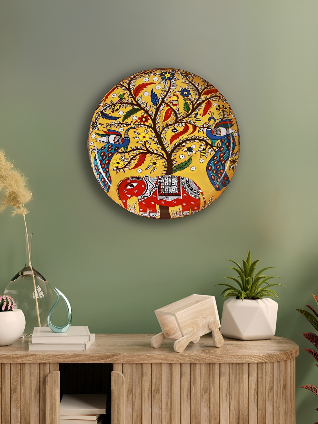 Homspurts Elephant Madhubani Metal Ethnic Motifs Glossy Hanging Hall Wall Plates-13In