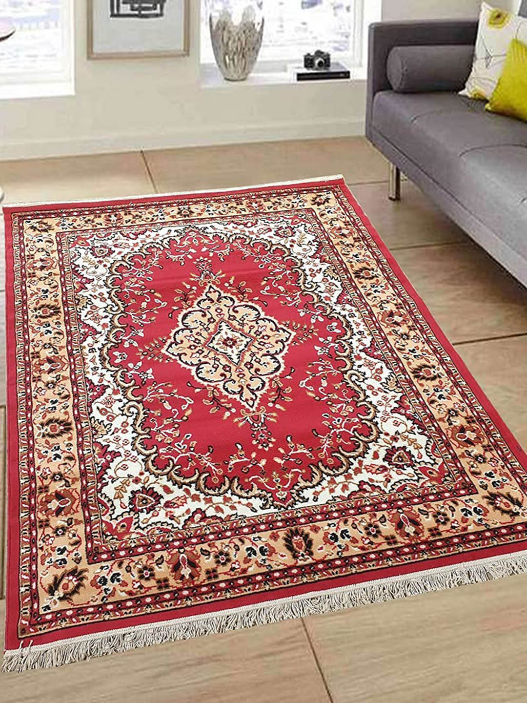 F & B RUGS Red & White Ethnic Motifs Anti-Skid Light Carpet