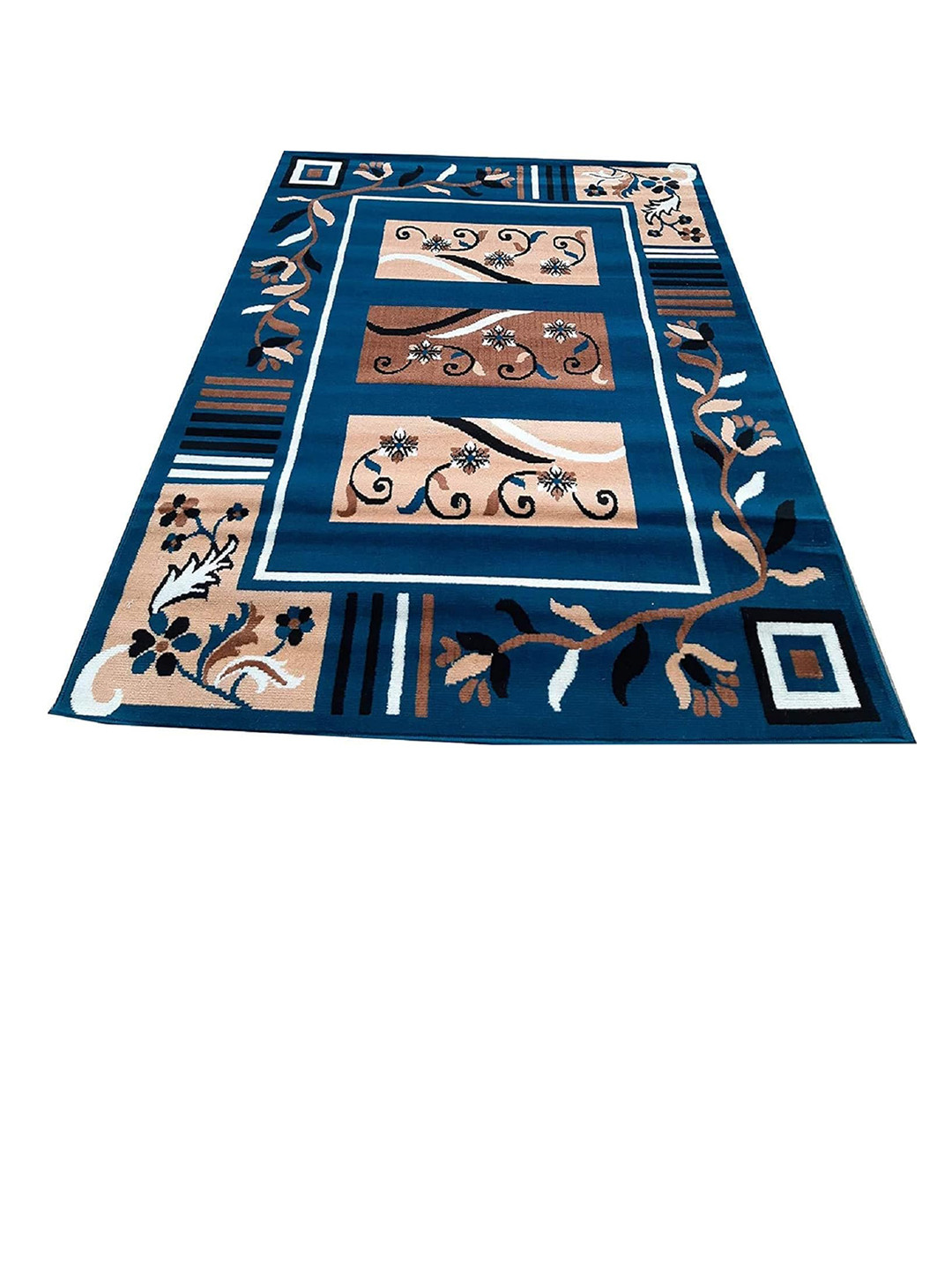 F & B RUGS Blue & Brown Ethnic Motifs Anti-Skid Light Carpet