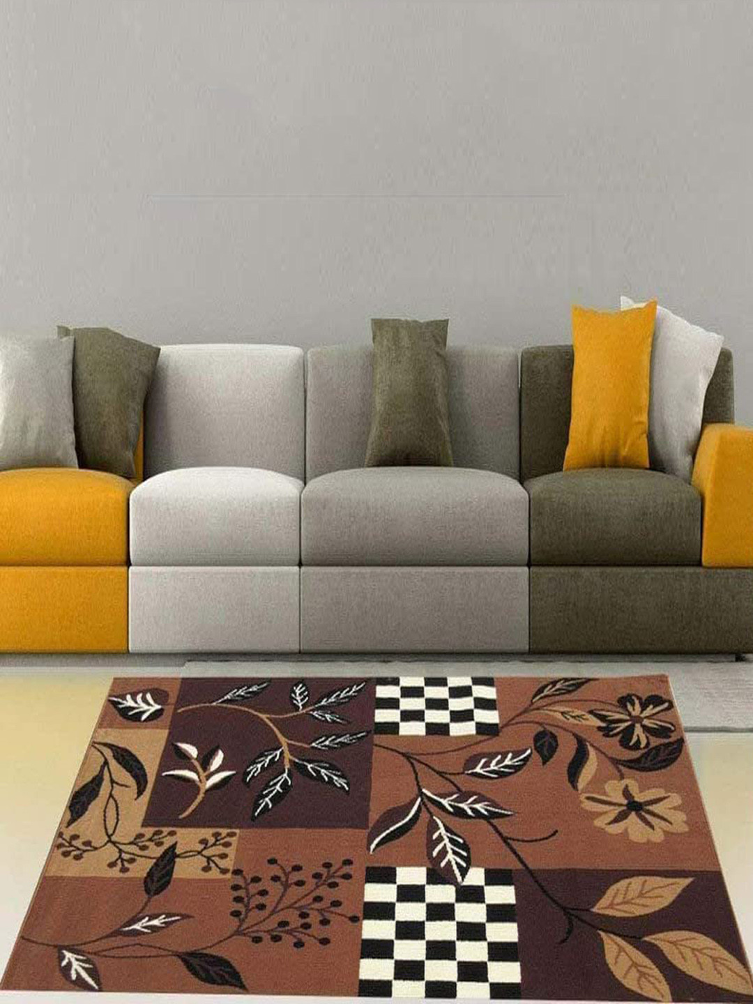 F & B RUGS Gold-Toned & White Floral Anti-Skid Light Carpet