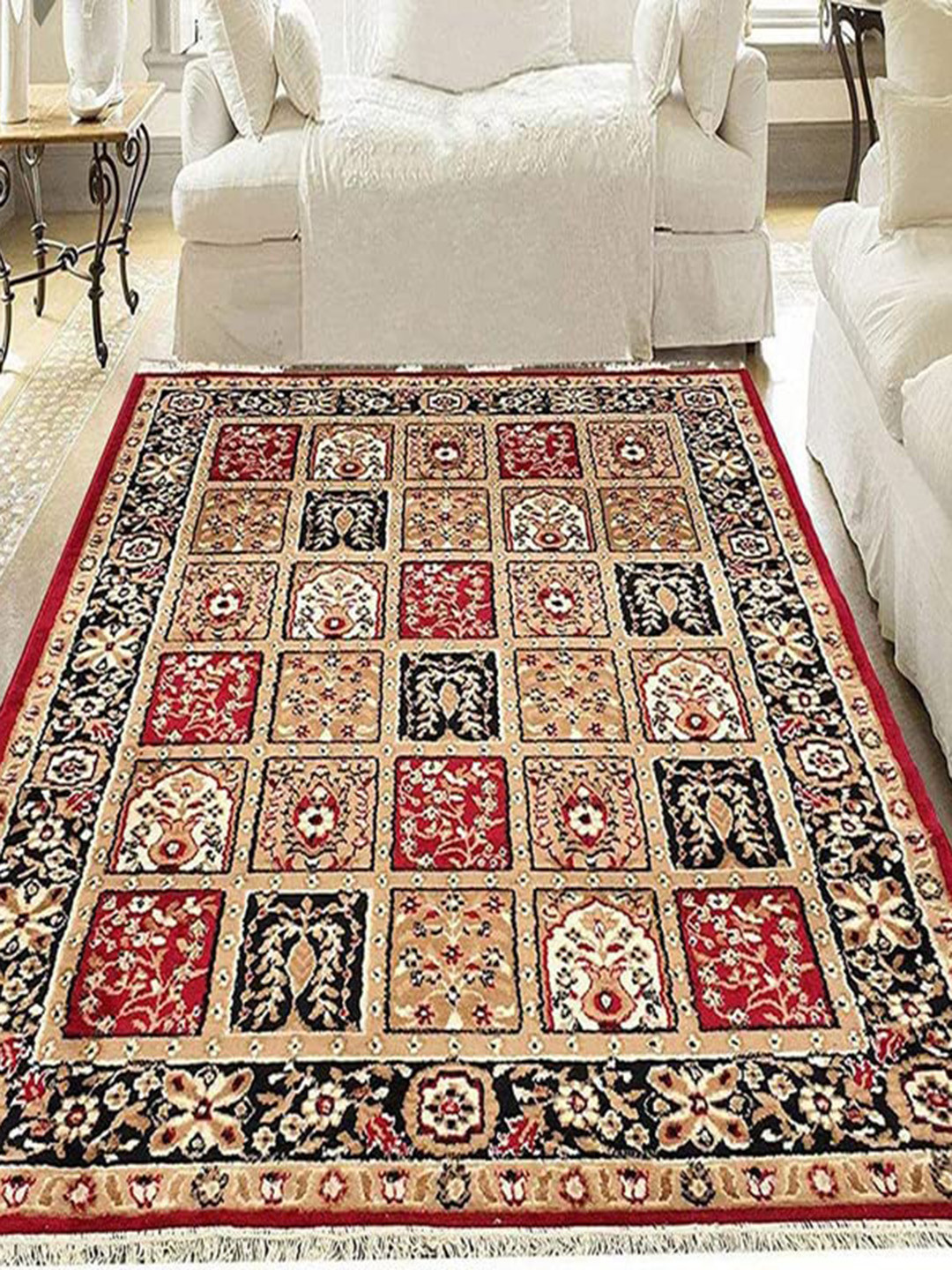 F & B RUGS Red & Black Ethnic Motifs Anti-Skid Light Carpet