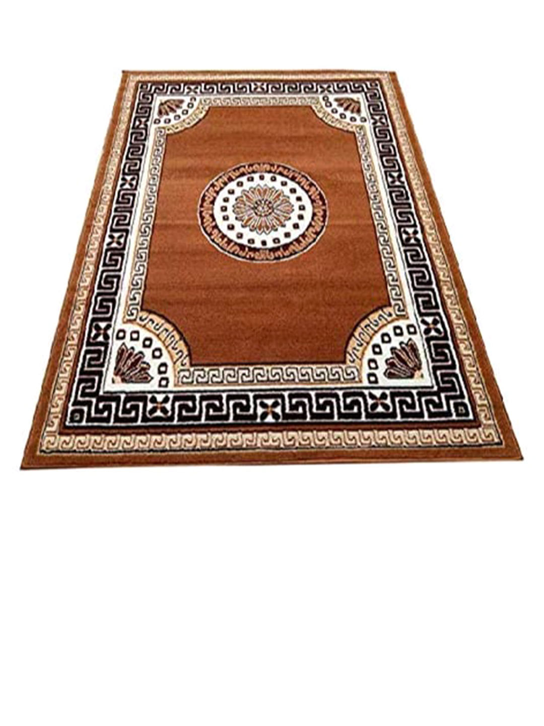 F & B RUGS Gold-Toned & White Floral Anti-Skid Light Carpet