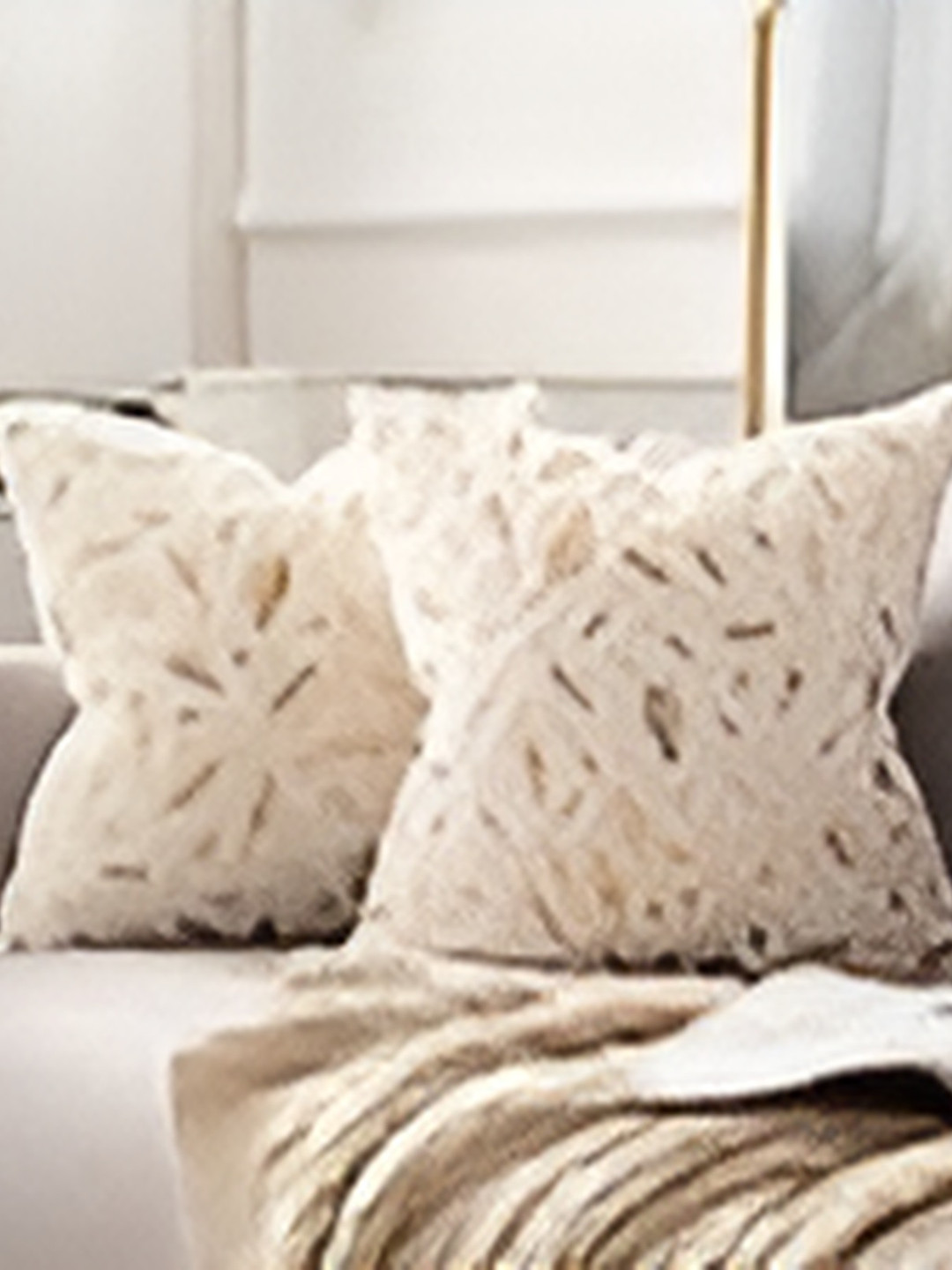 CASA-NEST Off White Leaf Fur Ultra Soft 2 Piece Square Cushion Covers -16x16In