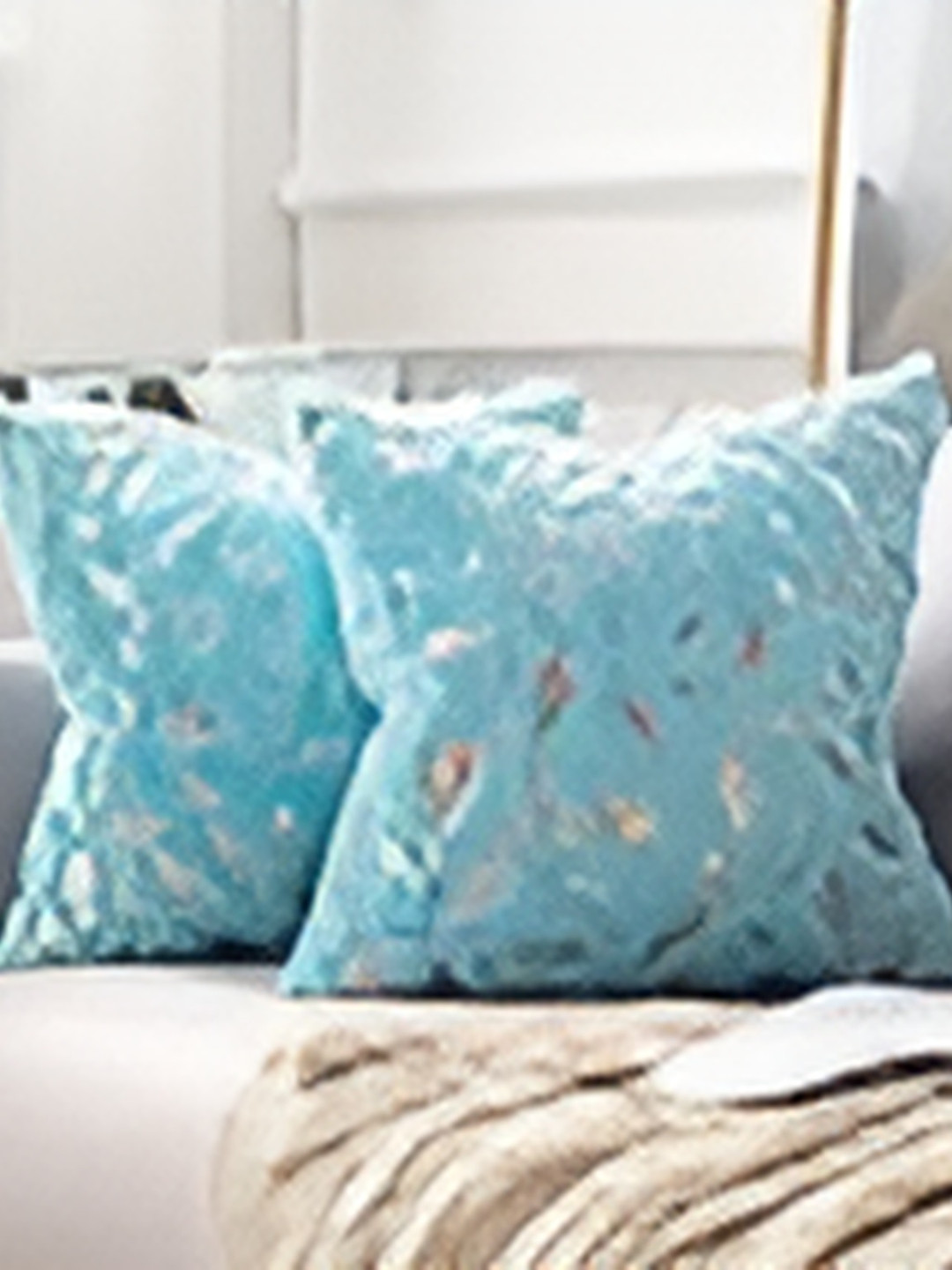 CASA-NEST Blue Geometric Fur Washable 2 Textured Square Cushion Covers -24x24In