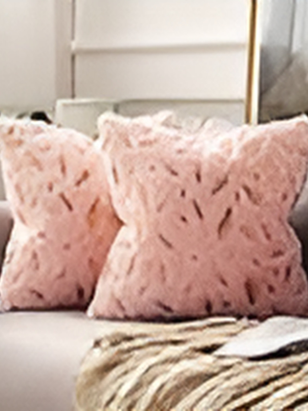 CASA-NEST Pink Leaf Fur Ultra Soft 2 Piece Square Cushion Covers -12x12In