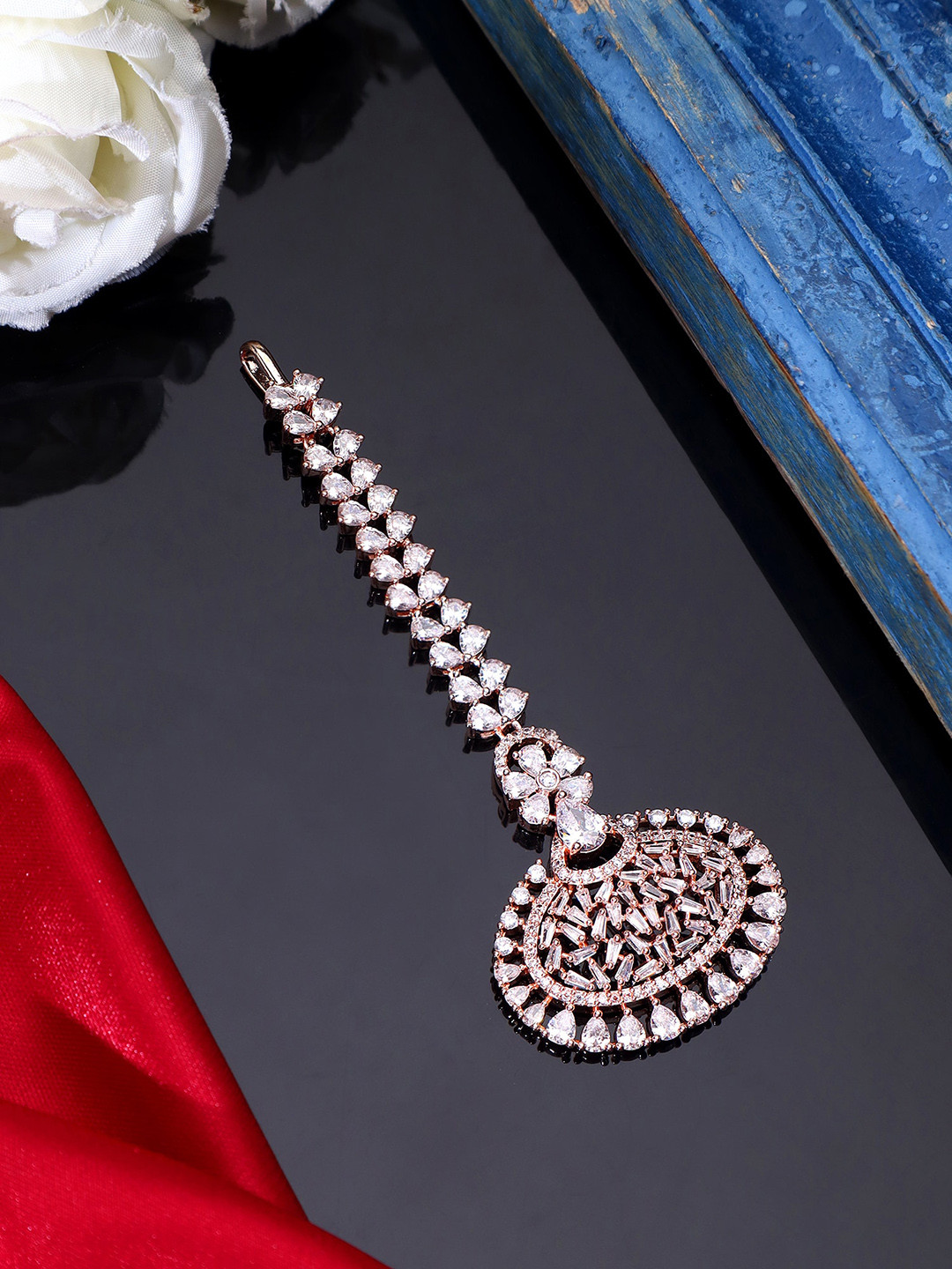 AARSHVI Rose Gold-Plated American Diamond Studded Maang Tikka Head Jewellery